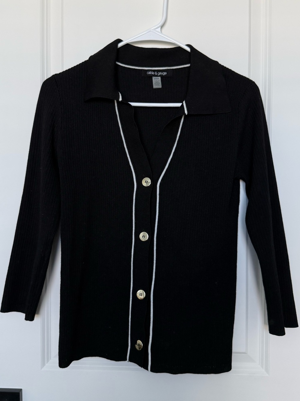 Cable & Gauge Black Cardigan with White Trim and Gold Buttons